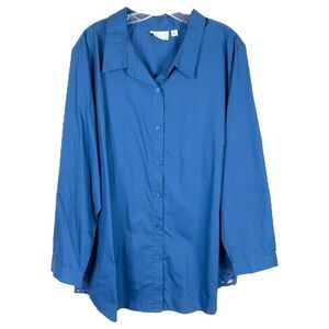 Joan Rivers Plus Size 2X Top Blue Lace Inserts A Line Tunic Collar Button Up 752